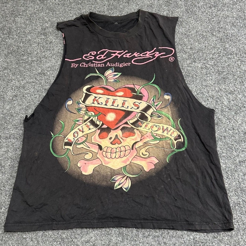 Ed Hardy Tank Top Mens Size L Black Love Kills Slowly Skull Graphic Muscle Tee